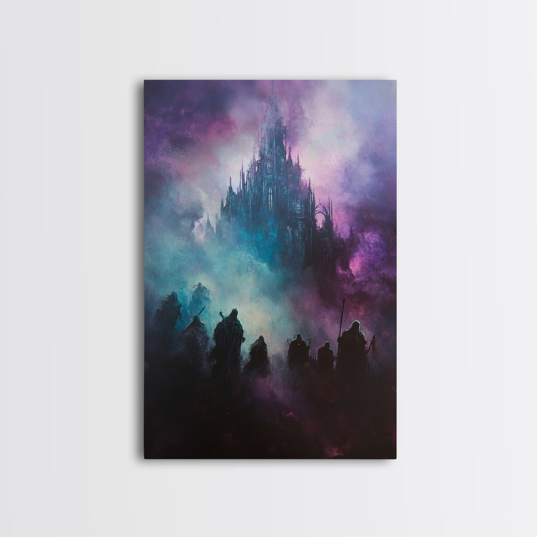 Purple Mist Fortress And Shadow Riders Framed Canvas Print, Dark Fantasy Wall Art, Gothic Castle Decor, Statement Artwork