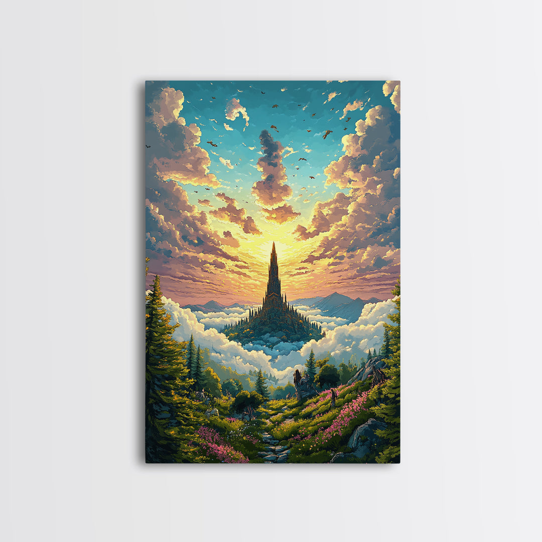 Golden Cloud Kingdom Spire At Sunrise Canvas Print, Fantasy Landscape Wall Art, Colorful Nature Art, Living Room Decor, Housewarming Gift