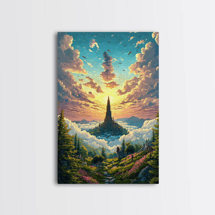 Golden Cloud Kingdom Spire At Sunrise Canvas Print, Fantasy Landscape Wall Art, Colorful Nature Art, Living Room Decor, Housewarming Gift