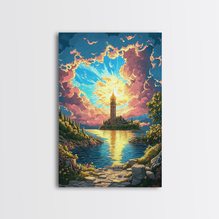 Radiant Island Lighthouse Under Pink Clouds Canvas Print, Fantasy Lake Landscape Wall Art, Coastal Home Decor, Gift For Her