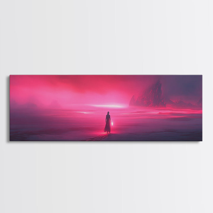 Lone Traveler In Magenta Alien Fog Wall Art, Sci Fi Landscape Canvas, Futuristic Decor, Neon Pink Living Room Art Print Gift