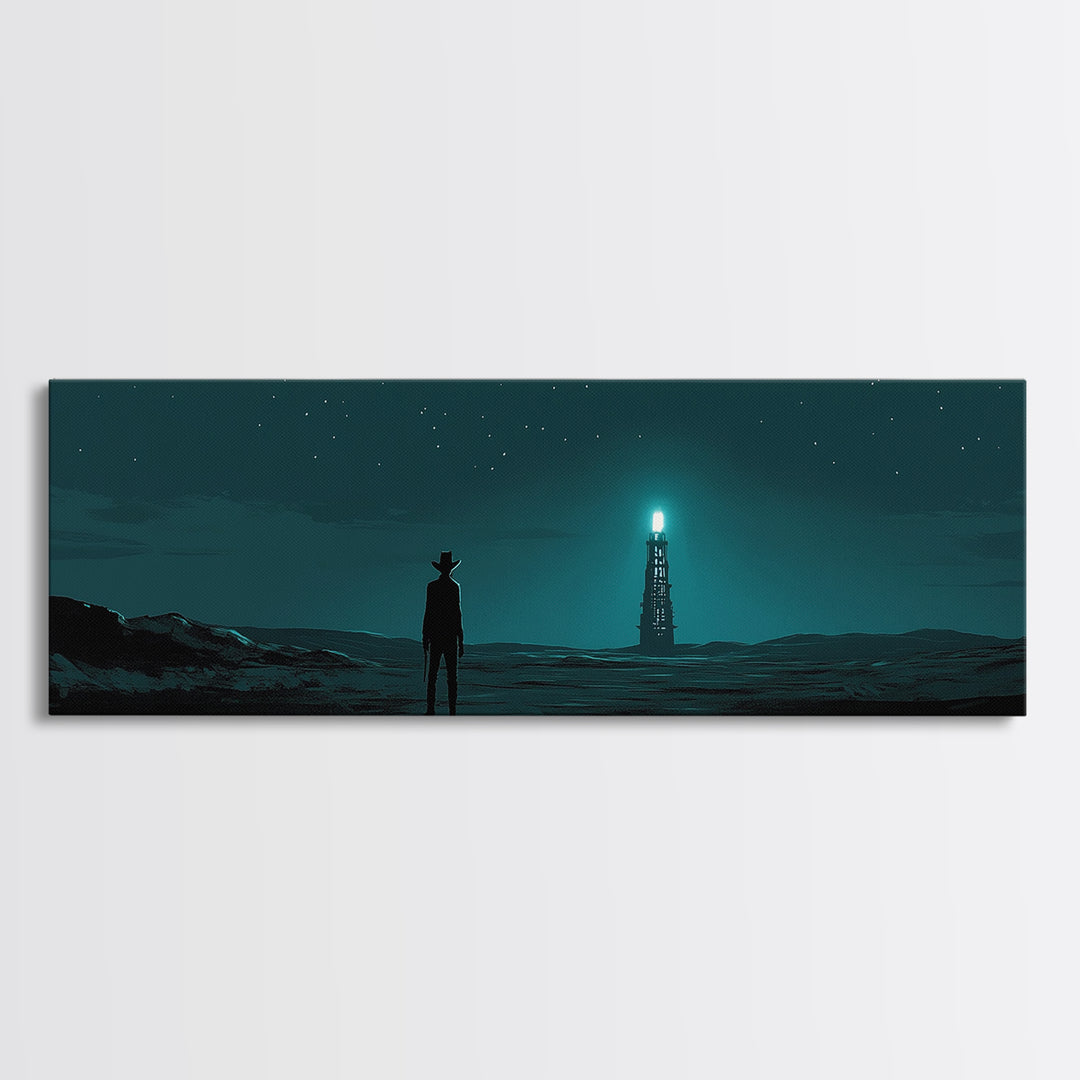 Starry Teal Desert Cowboy And Beacon Tower Wall Art, Sci Fi Western Landscape Print, Masculine Office Decor Gift For Him