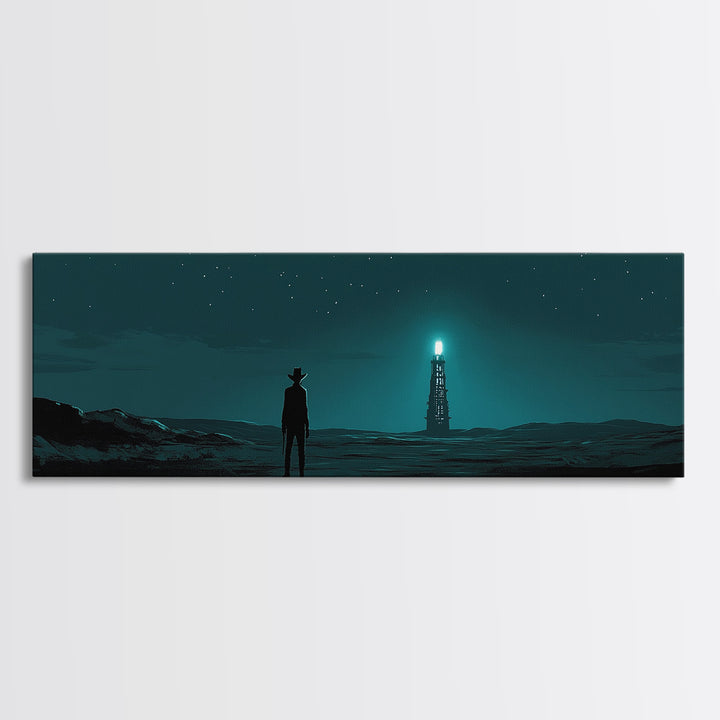 Starry Teal Desert Cowboy And Beacon Tower Wall Art, Sci Fi Western Landscape Print, Masculine Office Decor Gift For Him