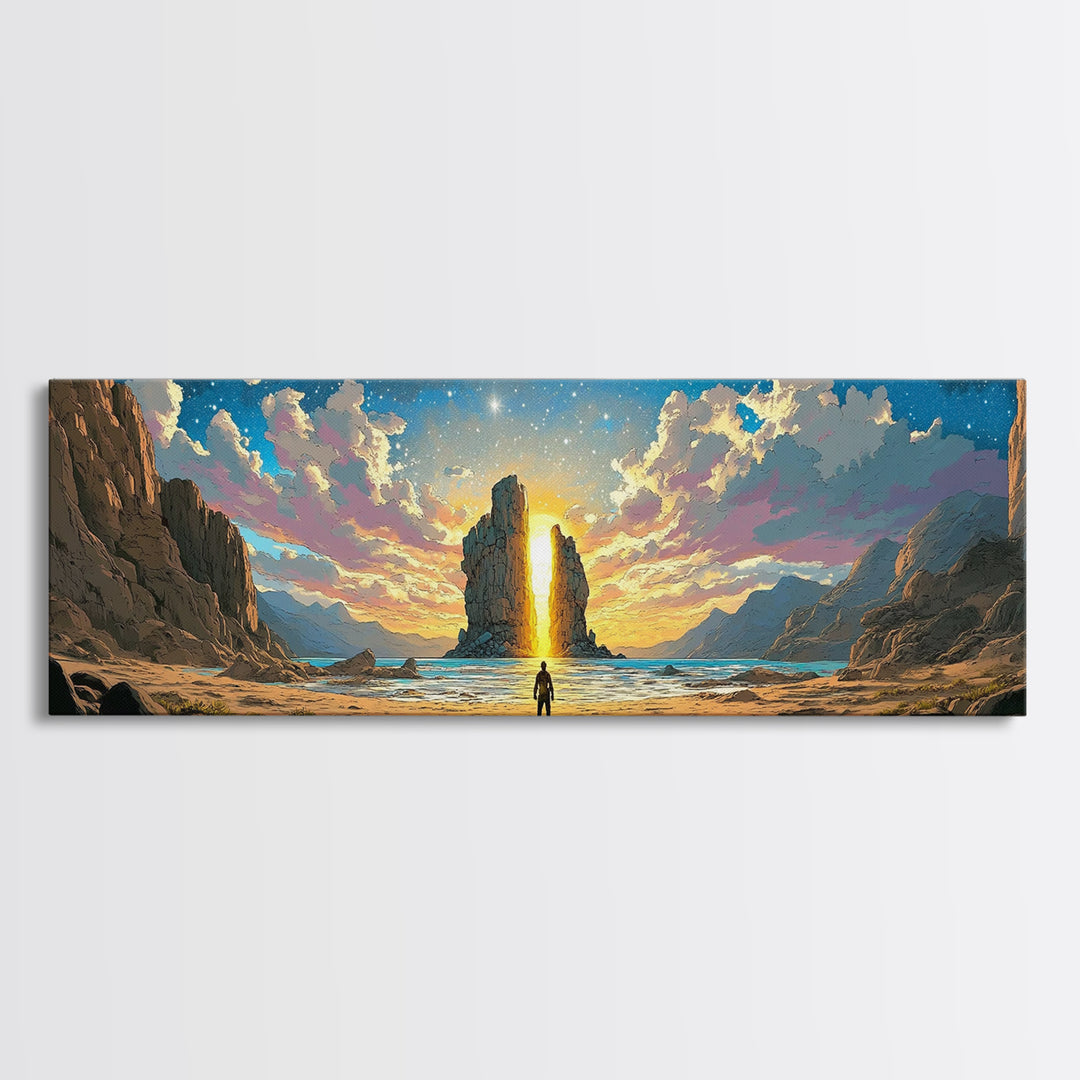 Golden Canyon Monolith At Sunrise Canvas Print, Epic Fantasy Landscape Wall Art, Modern Home Decor For Living Room Housewarming Gift
