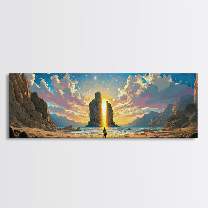 Golden Canyon Monolith At Sunrise Canvas Print, Epic Fantasy Landscape Wall Art, Modern Home Decor For Living Room Housewarming Gift