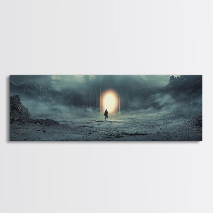 Misty Portal In Dark Mountains Wall Art, Moody Sci Fi Landscape Canvas Print, Atmospheric Office Decor And Modern Wall Decor