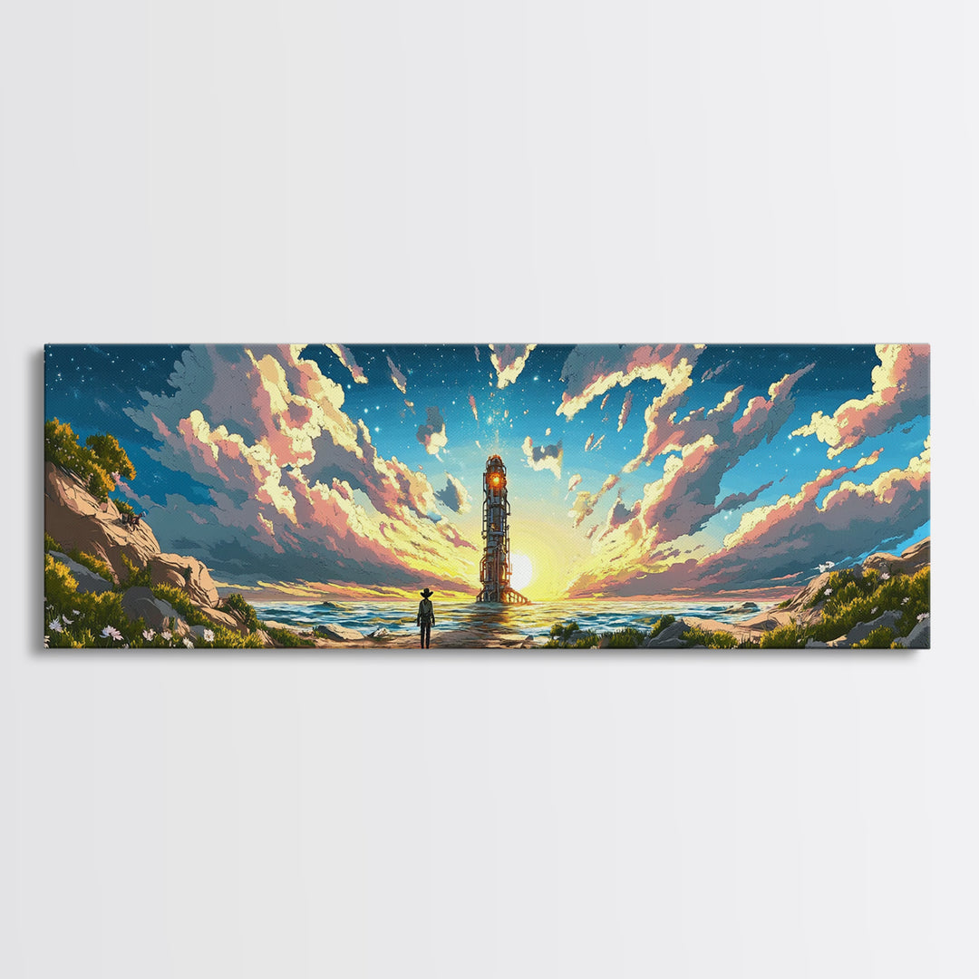Colorful Beacon Tower By Ocean Sunset Canvas Print, Sci Fi Coastal Landscape Wall Art, Vibrant Living Room Wall Decor Gift