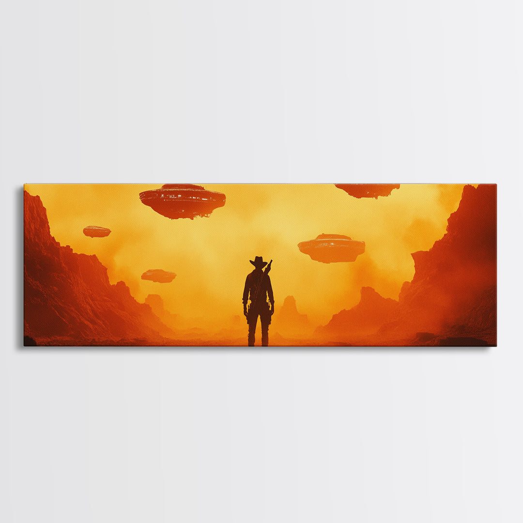Orange Alien Canyon With UFOs And Cowboy Wall Art, Retro Sci Fi Western Canvas Print, Desert Landscape Decor Gift For Him