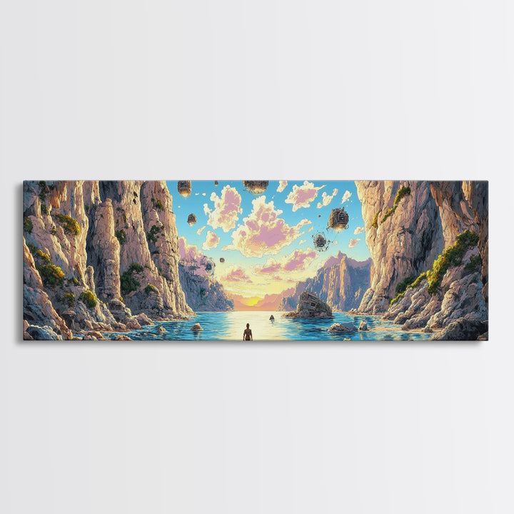 Alien Canyon Lagoon Canvas Print, Floating Rocks Fantasy Landscape, Panoramic Sci Fi Wall Decor, Large Modern Living Room Art
