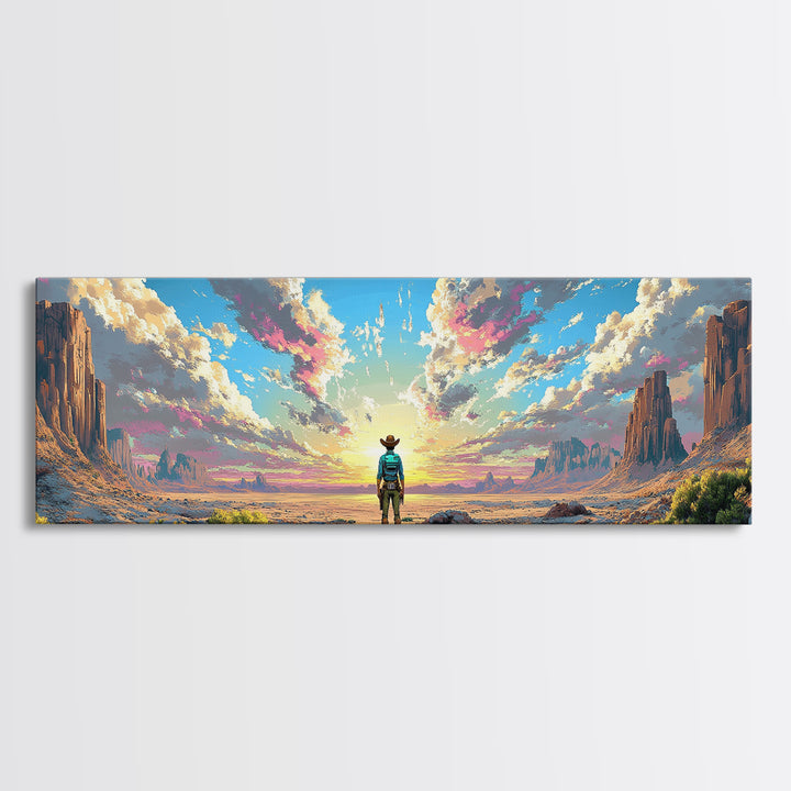 Cowboy Desert Mesa Wall Art, Vast Western Sunrise Landscape, Panoramic Canvas Print, Rustic Home Decor For Living Room Art