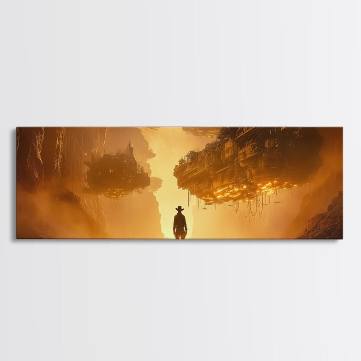 Golden Dystopian Airship Canyon Wall Art, Sci Fi Cowboy Landscape, Orange Futuristic Cinematic Canvas Print, Man Cave Decor