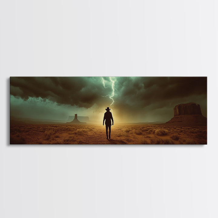 Lightning Storm Desert Cowboy Canvas Print, Large Moody Rustic Western Landscape, Dramatic Wall Art, Masculine Office Decor