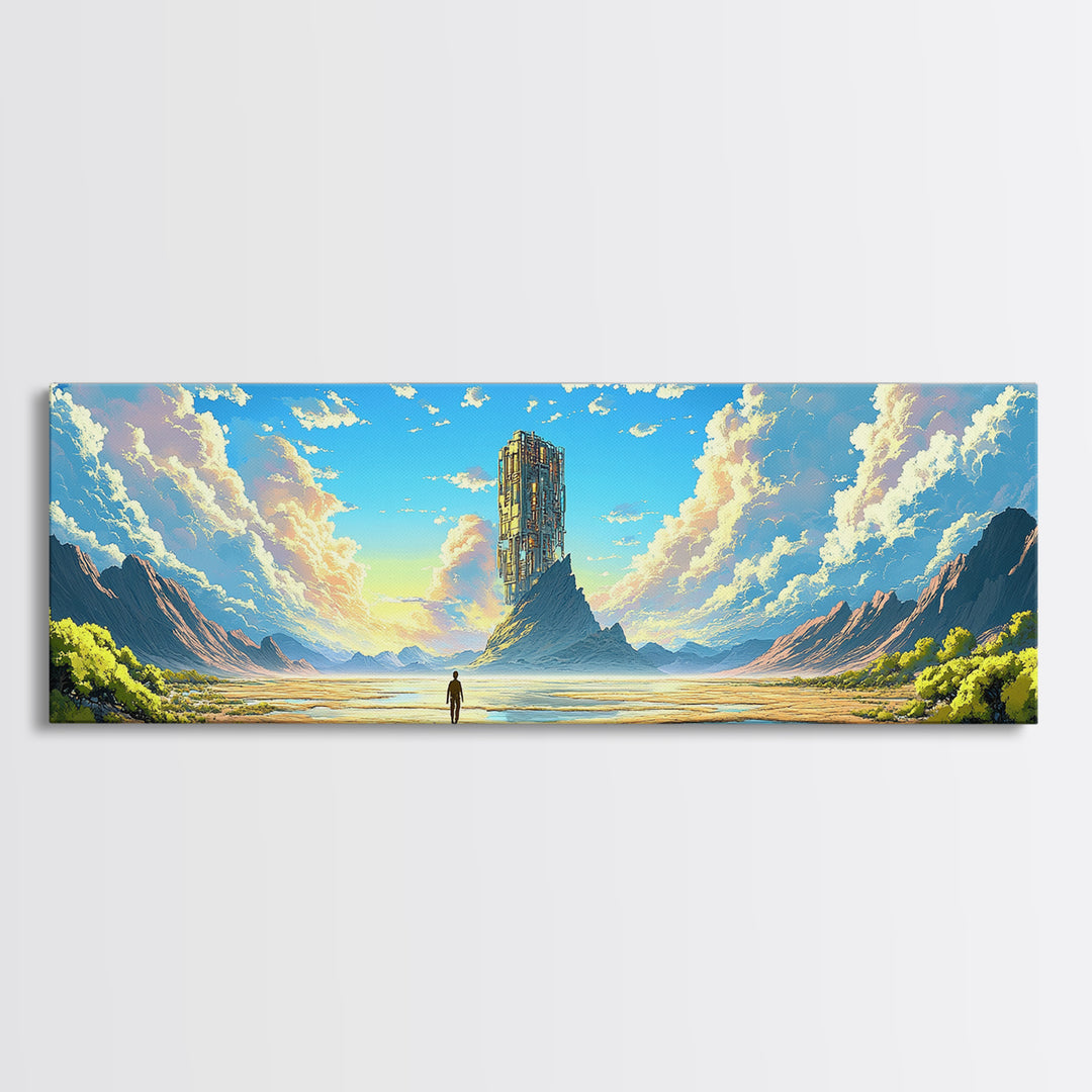 Mountain Valley Monolith Canvas Print, Bright Sci Fi Landscape, Panoramic Wall Art, Modern Nature Decor For Living Room Art
