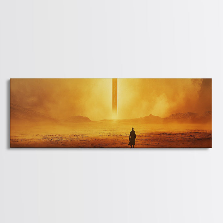 Golden Desert Monolith Wall Art, Cinematic Sci Fi Landscape, Minimalist Canvas Print, Warm Earth Tone Living Room Decor Art