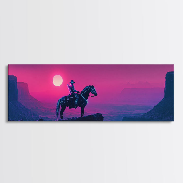 Cowboy On Pink Canyon Cliff Canvas Print, Western Wall Decor, Southwestern Landscape Art, Large Panoramic Wall Art, Home Decor