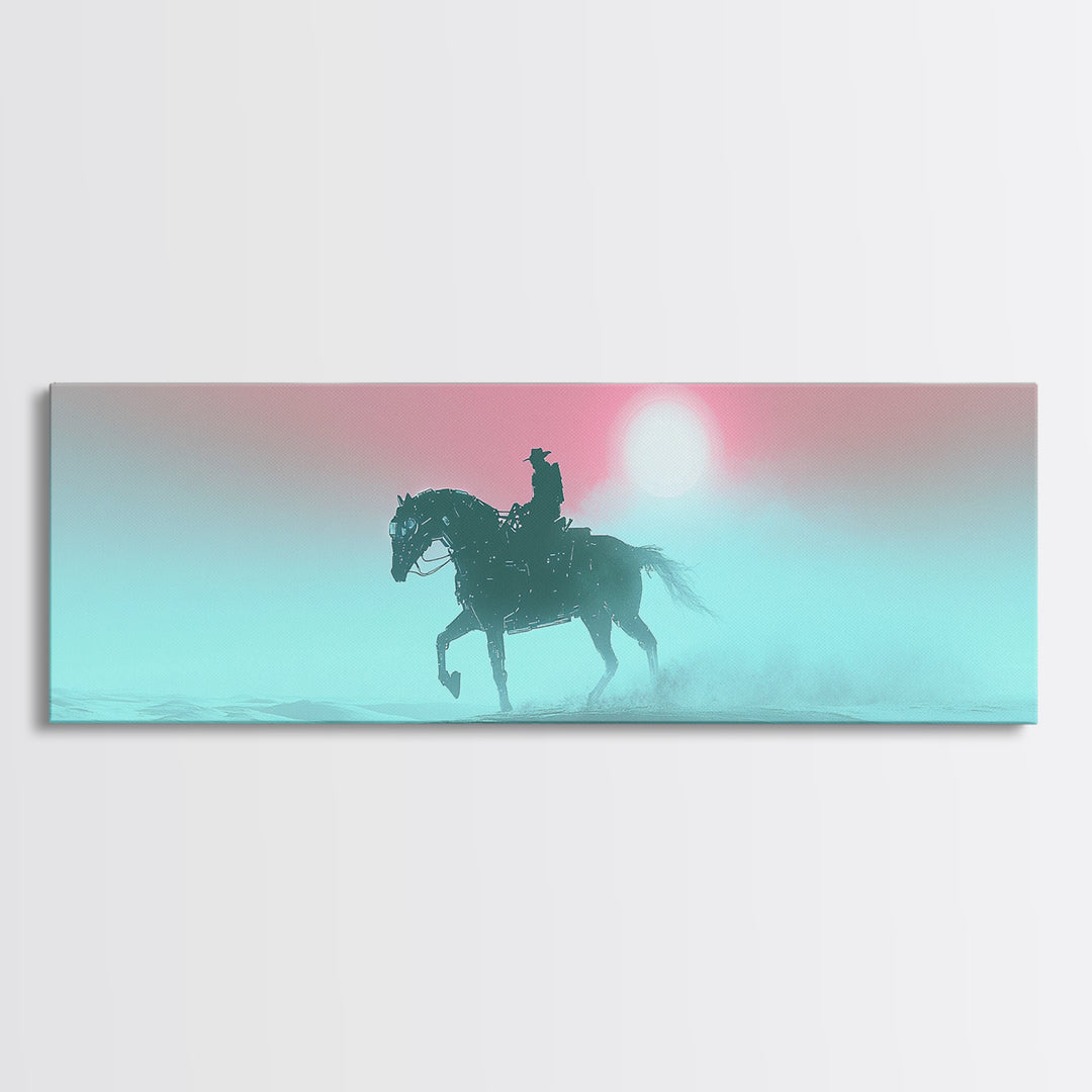 Misty Cowboy Riding Through Pastel Fog Wall Art, Western Horse Canvas Print, Serene Landscape Decor, Calming Bedroom Art