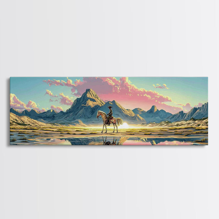 Cowboy And Horse Reflected In Alpine Lake Canvas Print, Western Mountain Wall Art, Pastel Sunset Decor, Large Panoramic Art