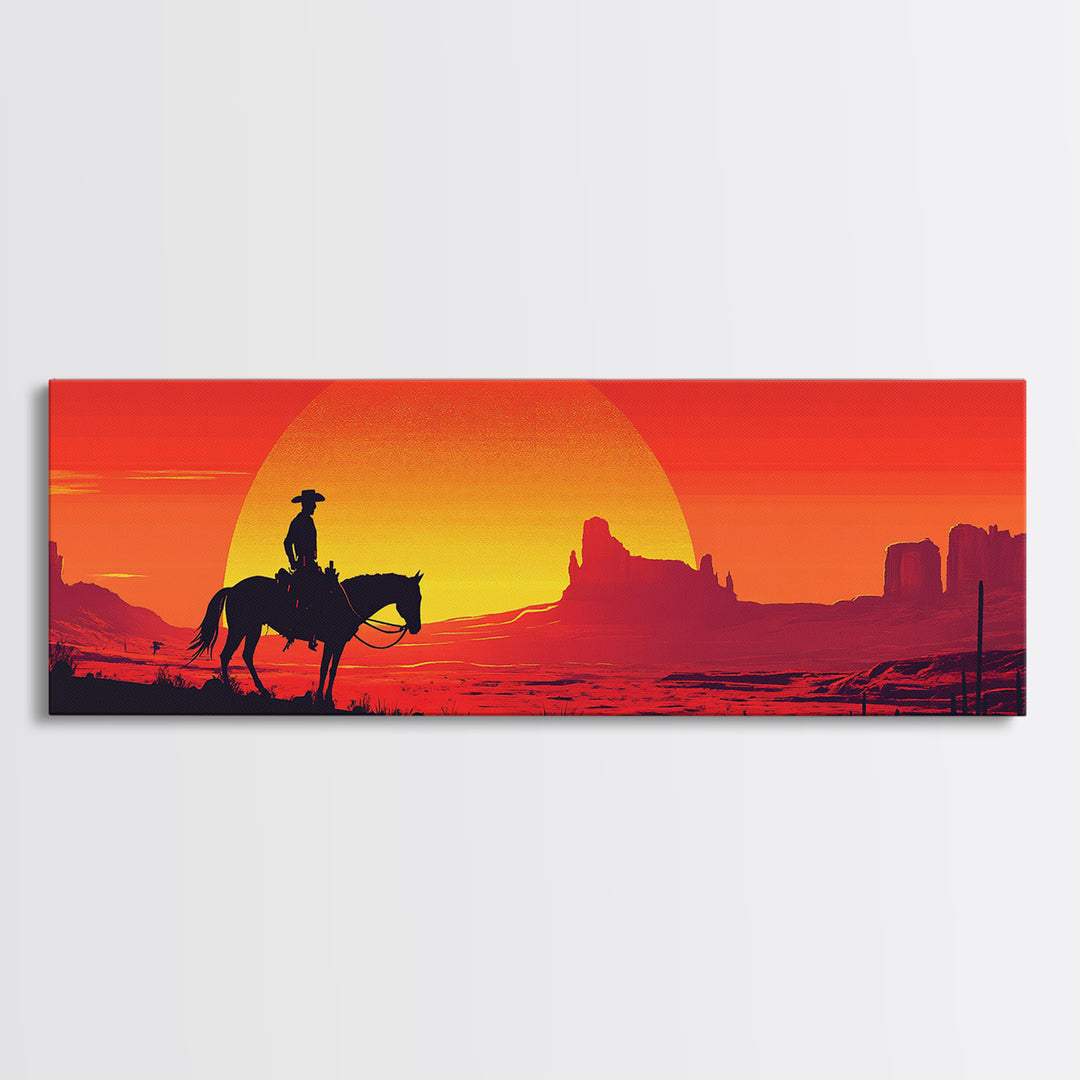 Silhouette Cowboy Crossing Orange Desert Sunset Wall Art, Southwestern Decor, Western Canvas Print, Extra Wide Horizontal Art