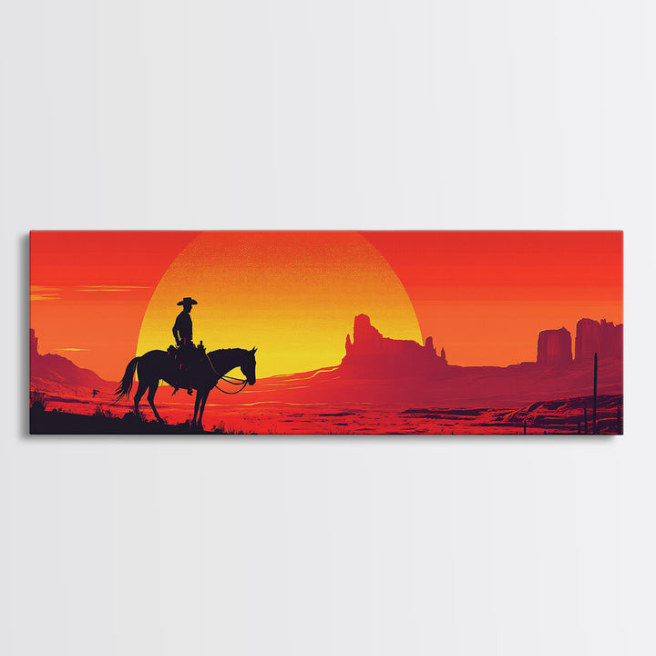 Silhouette Cowboy Crossing Orange Desert Sunset Wall Art, Southwestern Decor, Western Canvas Print, Extra Wide Horizontal Art