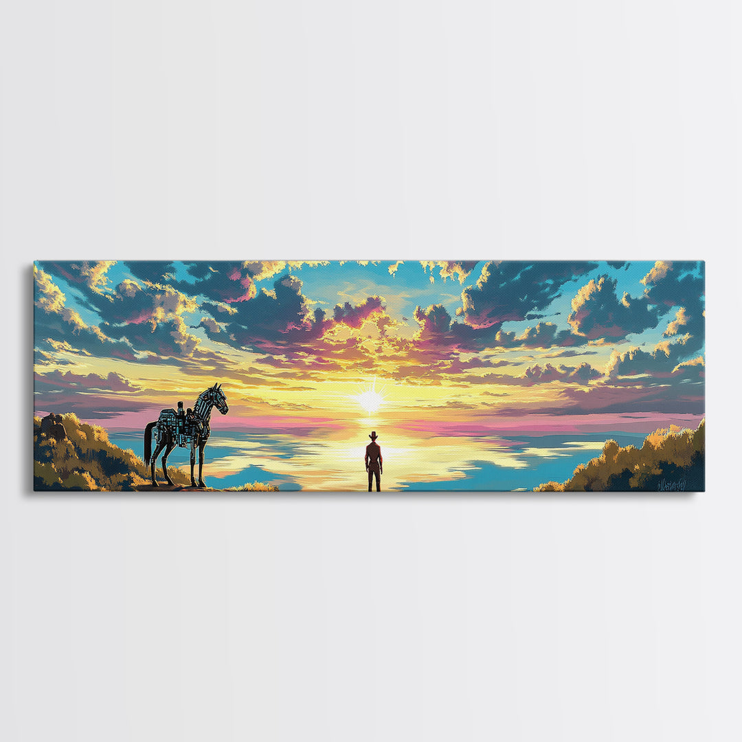 Cowboy And Horse Over Golden Sea Sunrise Framed Canvas Print, Western Landscape Wall Art, Inspirational Home Decor, Above Sofa Art