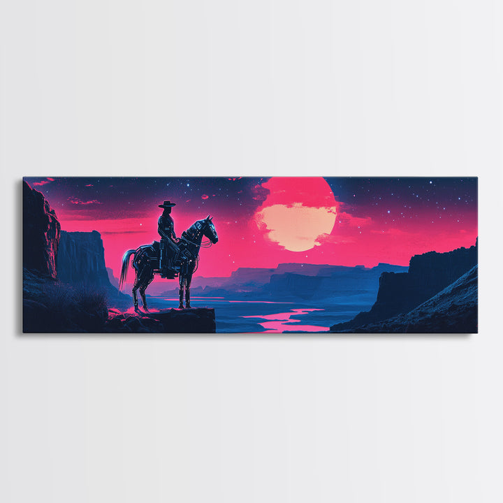 Neon Cowboy Above Moonlit Canyon River Canvas Print, Western Sci Fi Wall Art, Vaporwave Decor, Large Horizontal Print, Home Decor