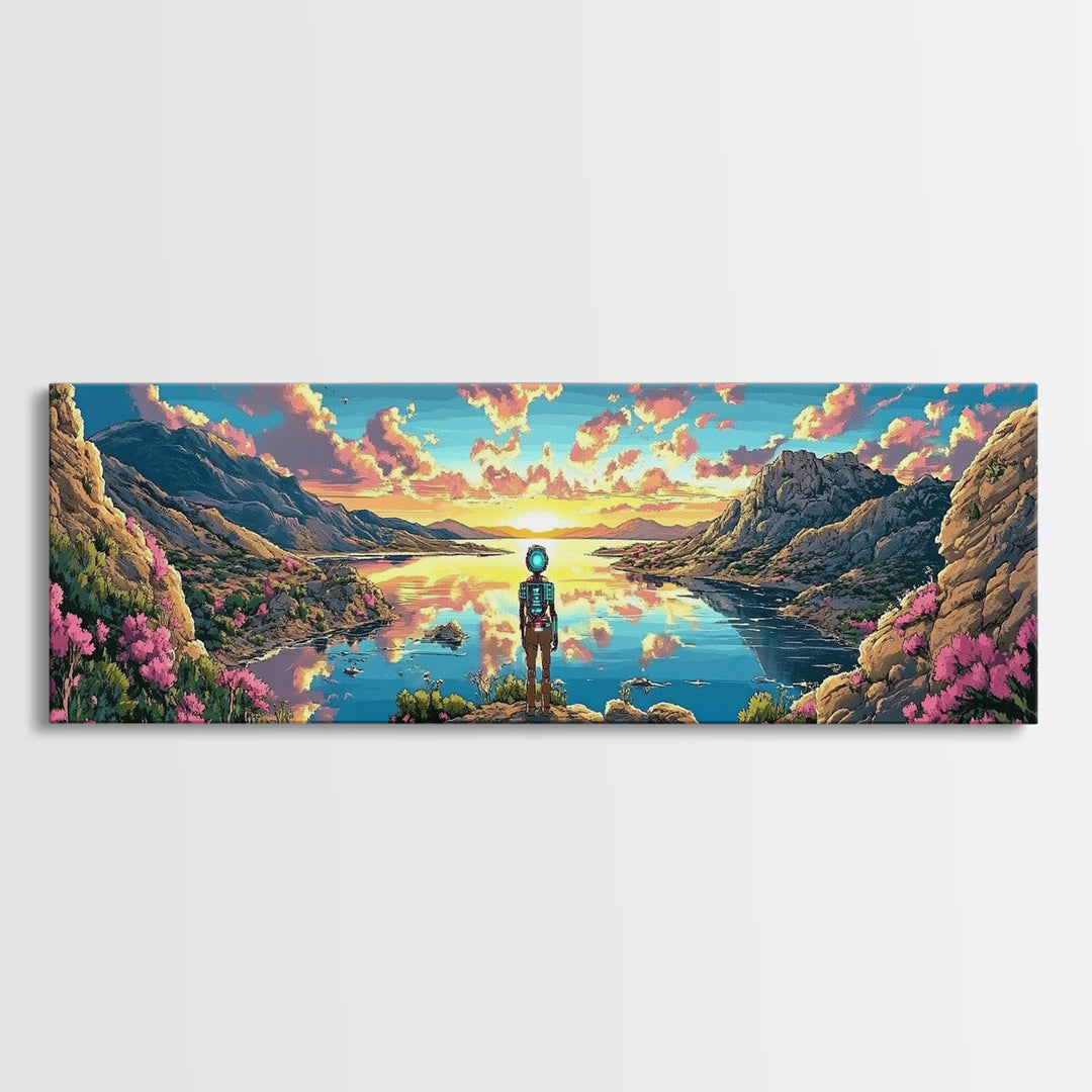 Astronaut Over Flowered Mountain Lake Valley Wall Art, Sci Fi Landscape Canvas Print, Colorful Nature Decor, Gaming Room Art