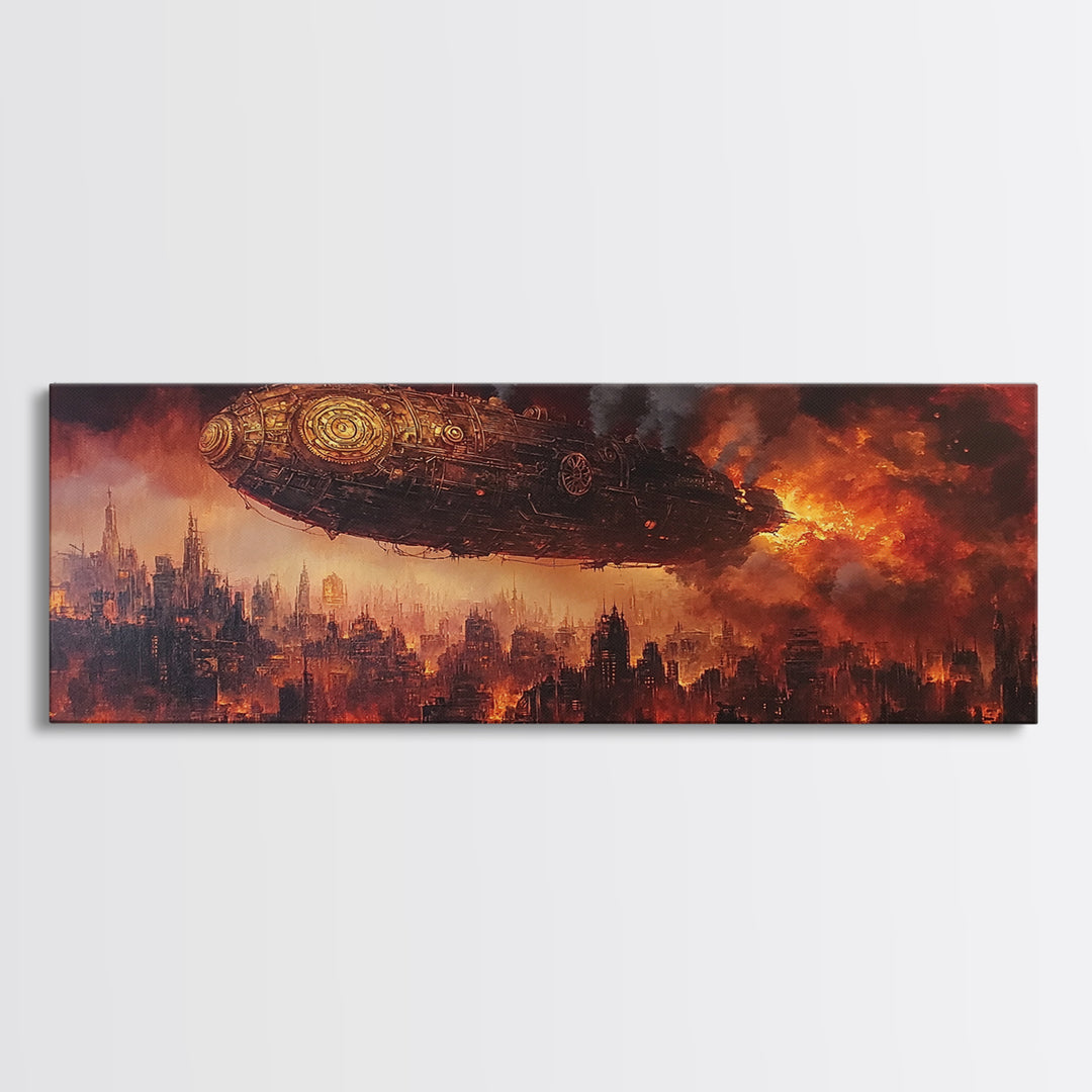 Steampunk Airship Over Burning Futuristic City Wall Art, Dystopian Sci Fi Canvas Print, Dark Industrial Office Decor, Man Cave Art