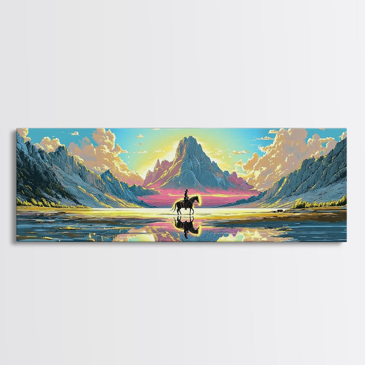 Solitary Rider At Mirror Lake Canvas Print, Western Mountain Landscape Art, Panoramic Wall Art, Rustic Decor, Gift For Him