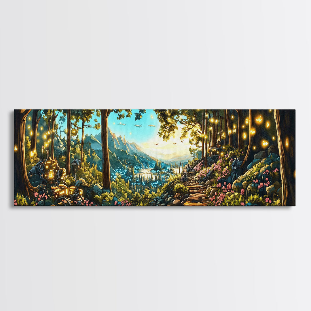 Enchanted Forest Path With Lanterns Wall Art, Mountain Valley Landscape Print, Whimsical Decor, Large Panoramic Canvas Art