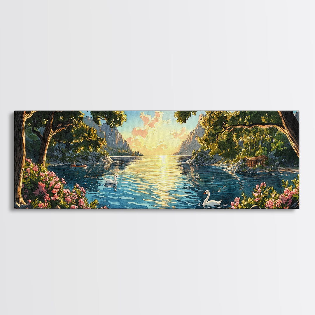 Golden Lakeside Sunset With Swan Wall Art, Romantic Coastal Canvas Print, Serene Landscape Decor, Large Above Bed Art For Bedroom Decor