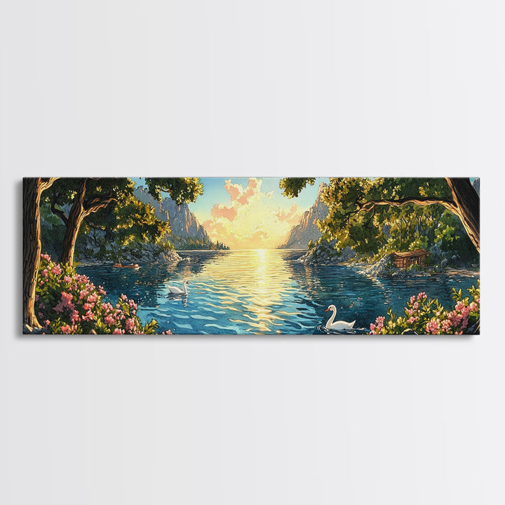 Golden Lakeside Sunset With Swan Wall Art, Romantic Coastal Canvas Print, Serene Landscape Decor, Large Above Bed Art For Bedroom Decor