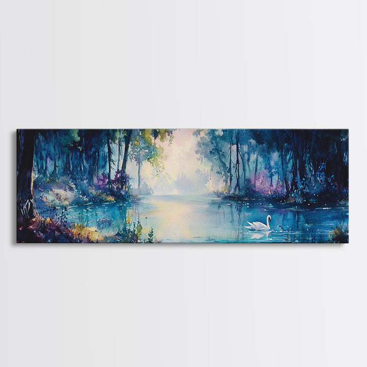 Misty Blue Forest Lake With Swan Wall Art, Moody Landscape Canvas Print, Dark Botanical Decor, Calming Living Room Art Print