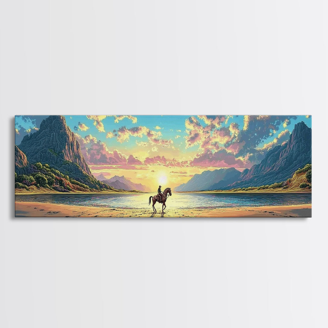 Lone Rider On Sunset Beach Wall Art, Western Coastal Landscape Canvas Print, Mountain Lake Decor, Masculine Office Art Print
