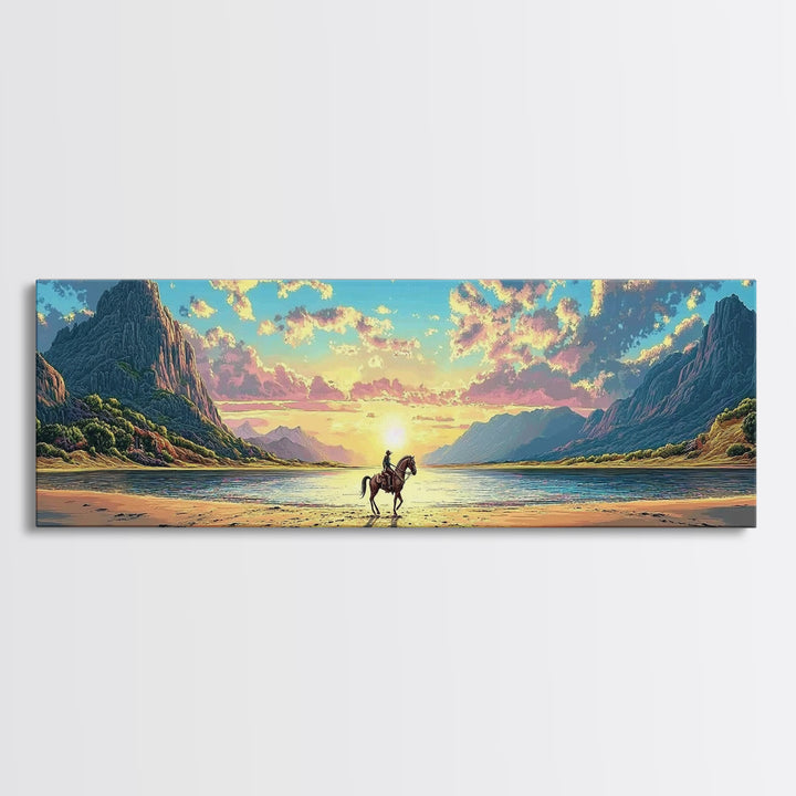 Lone Rider On Sunset Beach Wall Art, Western Coastal Landscape Canvas Print, Mountain Lake Decor, Masculine Office Art Print