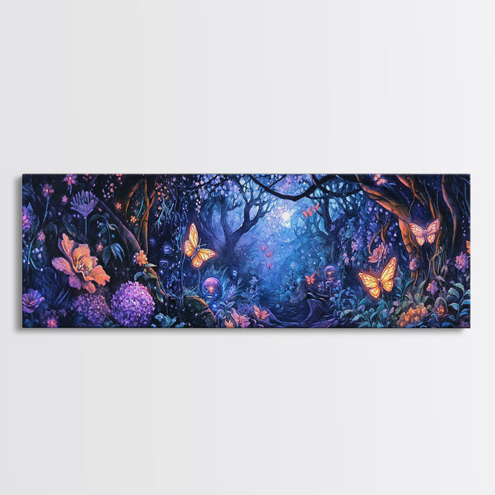 Enchanted Butterfly Forest At Twilight Wall Art, Fantasy Woodland Canvas Print, Dark Floral Decor, Whimsical Bedroom Art
