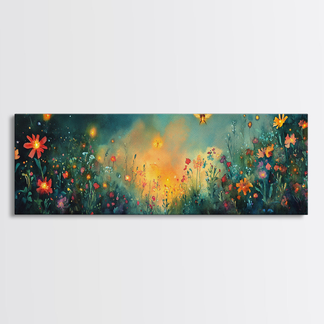 Glowing Wildflower Meadow With Fireflies Wall Art, Whimsical Floral Canvas Print, Dark Botanical Decor, Cozy Bedroom Art