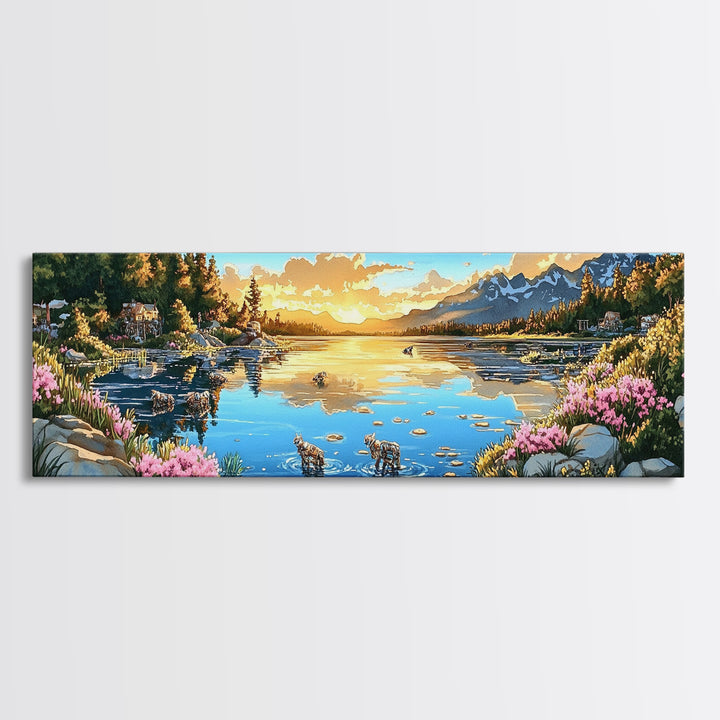 Mountain Lake Sunset With Pink Wildflowers Wall Art, Panoramic Landscape Print, Nature Decor, Living Room Wall Decor, Home Decor