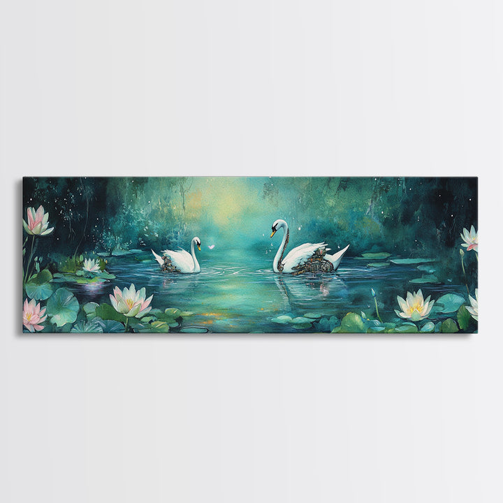 White Swans And Water Lilies Framed Canvas Print, Romantic Nature Wall Art, Elegant Bedroom Decor, Gift For Her, Living Room Art