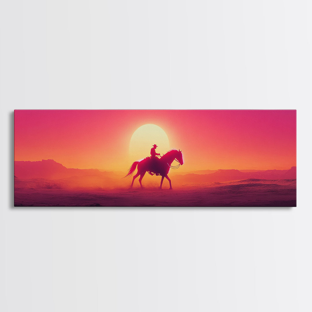 Silhouette Cowboy Riding Horse At Desert Sunset Wall Art, Western Landscape Print, Southwestern Decor, Gift For Him, Man Cave Decor