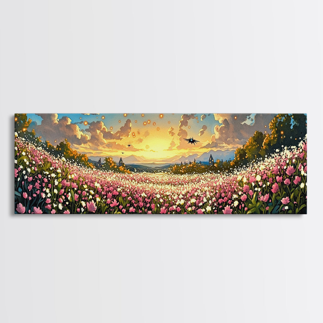 Glowing Lanterns Over Pink Flower Valley Canvas Print, Whimsical Floral Wall Art, Maximalist Decor, Living Room Decor, Home Decor