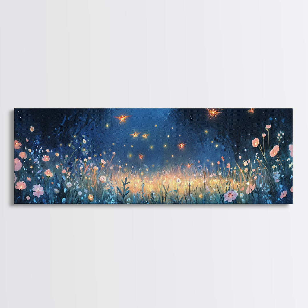 Firefly Night Meadow With Soft Wildflowers Framed Canvas Print, Whimsical Wall Art, Dark Floral Decor, Bedroom Wall Decor