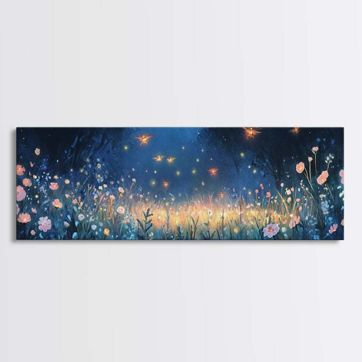 Firefly Night Meadow With Soft Wildflowers Framed Canvas Print, Whimsical Wall Art, Dark Floral Decor, Bedroom Wall Decor