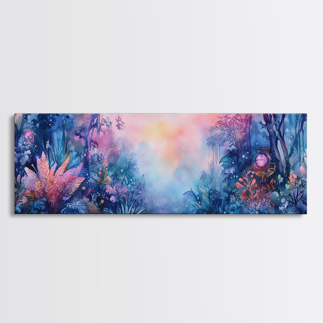 Enchanted Tropical Garden With Misty Pastel Light Wall Art, Botanical Watercolor Print, Whimsical Decor, Nature Wall Art