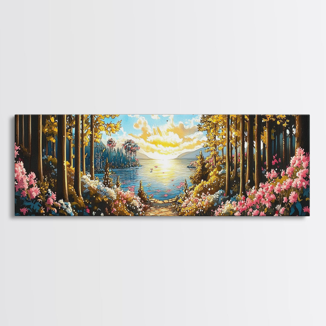 Sunlit Forest Lake Path With Pink Flowers Wall Art, Panoramic Canvas Print For Living Room Decor And Nature Home Decor Gift