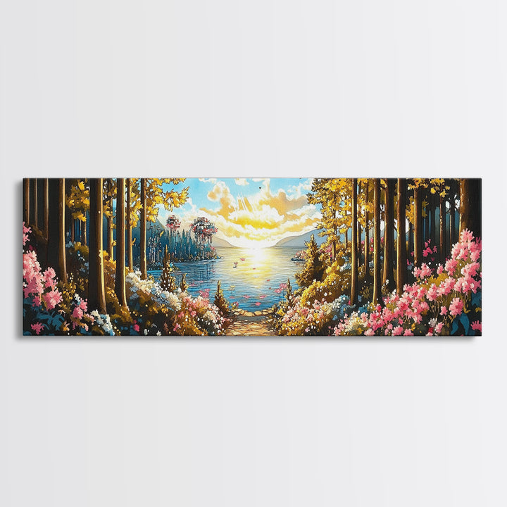 Sunlit Forest Lake Path With Pink Flowers Wall Art, Panoramic Canvas Print For Living Room Decor And Nature Home Decor Gift
