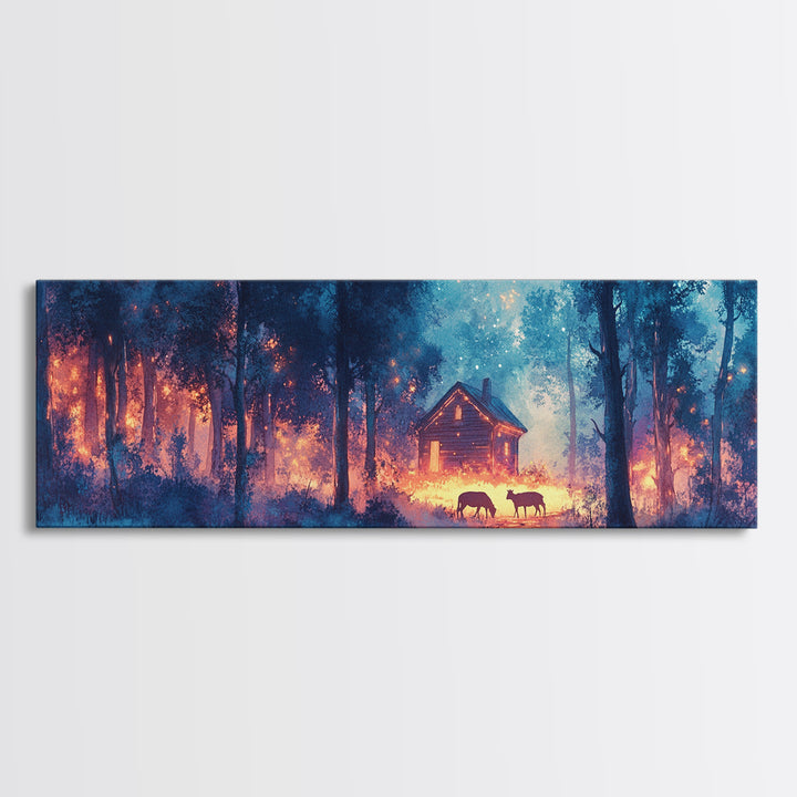 Glowing Cabin In Blue Twilight Forest Framed Canvas Print, Moody Landscape Wall Art For Rustic Home Decor And Office Decor