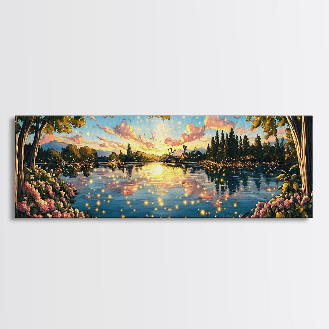 Golden Sunset Lake With Fireflies And Pink Blossoms Canvas Print, Romantic Nature Wall Art For Bedroom Decor And Home Decor