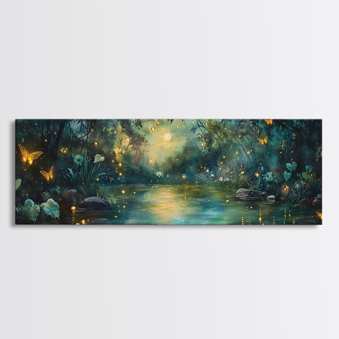 Enchanted Moonlit River With Fireflies And Butterflies Wall Art, Moody Fantasy Canvas Print For Bedroom Decor And Cozy Home Decor