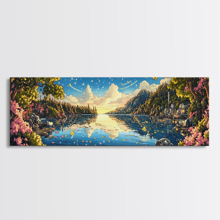 Starry Mountain Lake Village With Pink Flowers Framed Canvas Print, Panoramic Landscape Wall Art For Living Room Decor And Home Decor