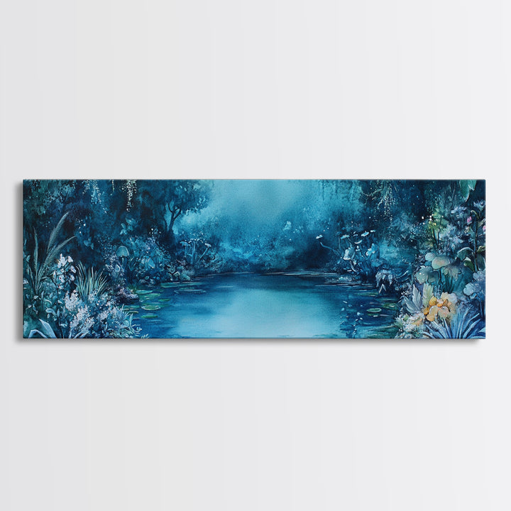 Misty Blue Jungle River With Wildlife And Orchids Canvas Print, Serene Nature Wall Art For Spa Decor And Bathroom Wall Decor